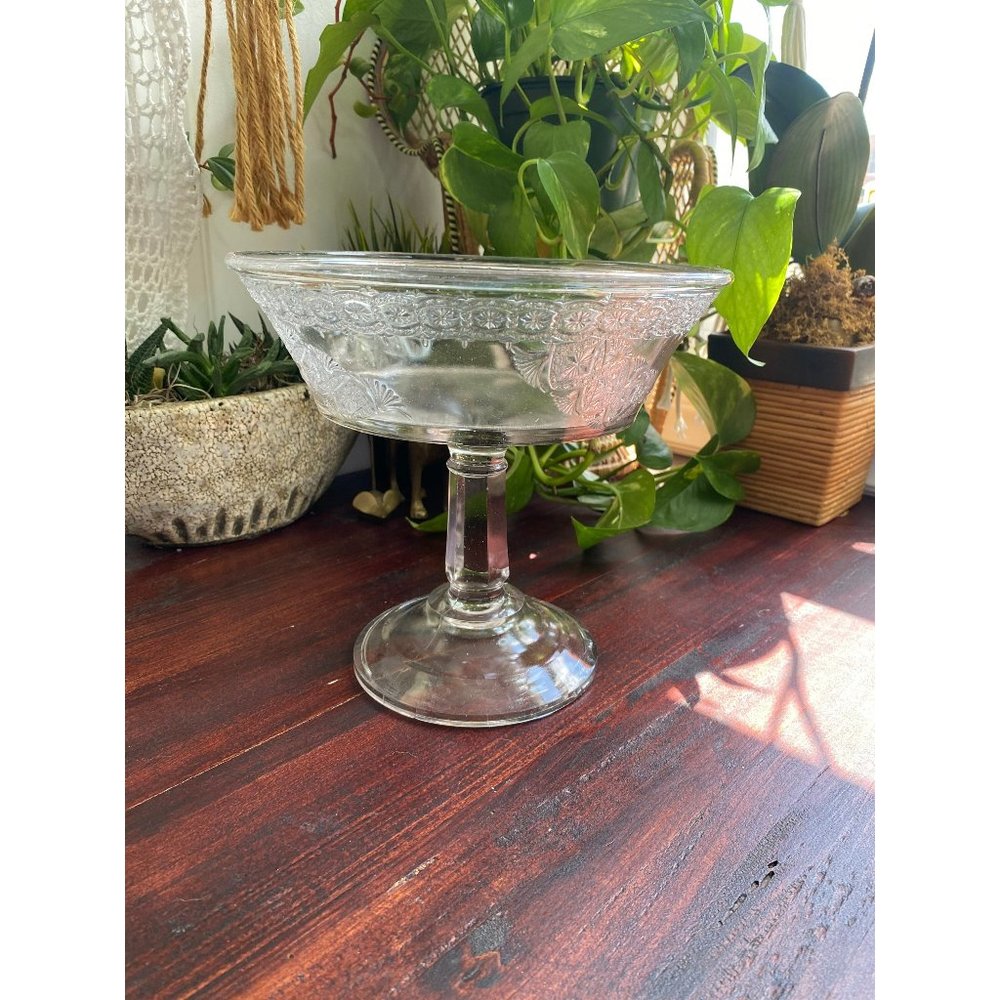 Antique vintage manganese glowing glass compote bowl - chipped vase